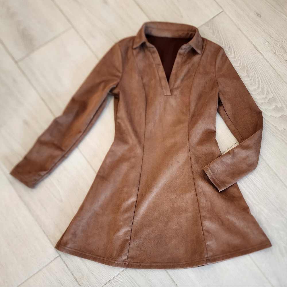 Elegant Brown Suede Long Sleeve Dress